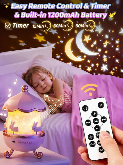 VESPERA 6-in-1 Star Light Projector – Rotating Rabbit Night Lamp with 6 Films & 5 Color Modes | USB Rechargeable Gift for Kids | Bluetooth music speaker