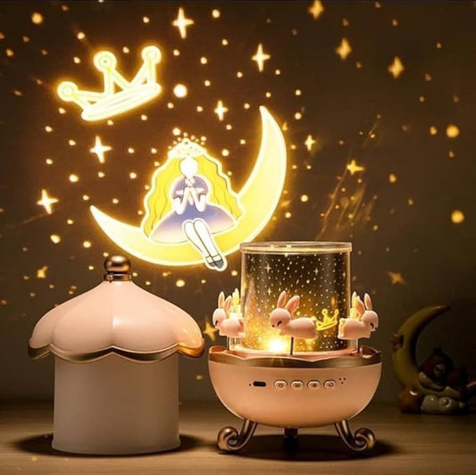VESPERA 6-in-1 Star Light Projector – Rotating Rabbit Night Lamp with 6 Films & 5 Color Modes | USB Rechargeable Gift for Kids | Bluetooth music speaker